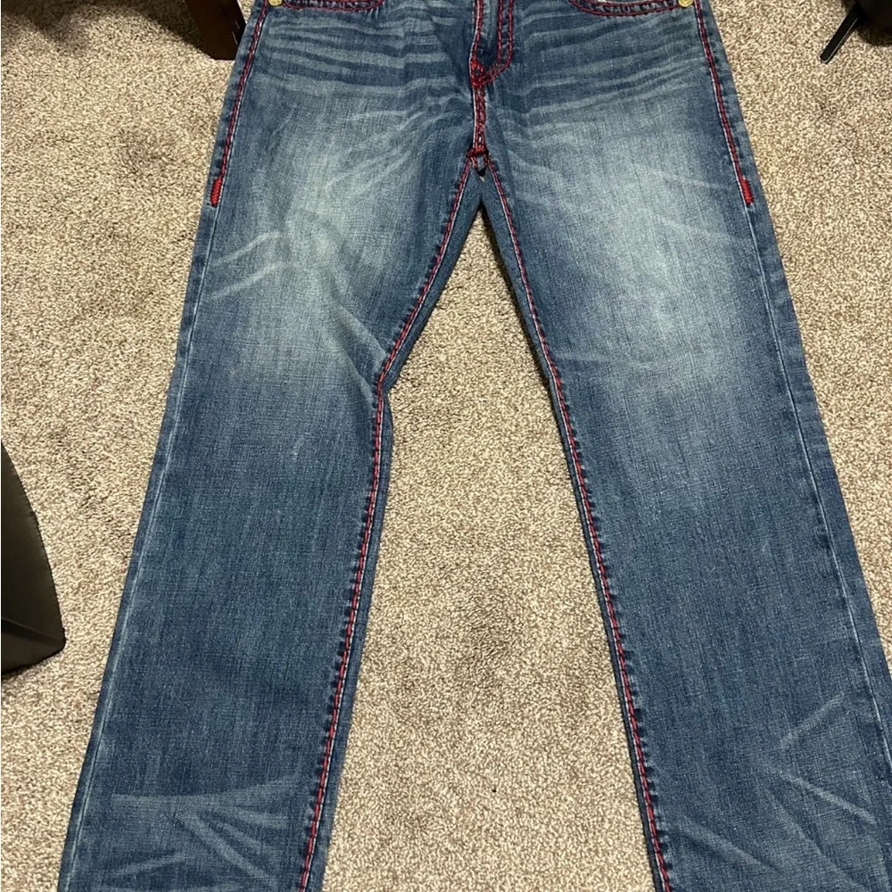 True Religion Men’s Blue Jeans with Red Stitching